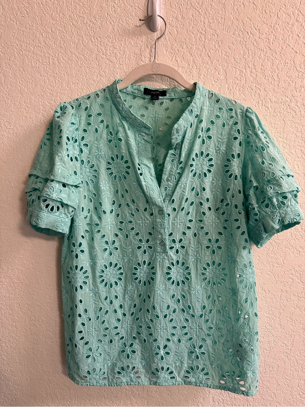 J. Crew Mint Eyelet V-Neck Short Sleeve Blouse
